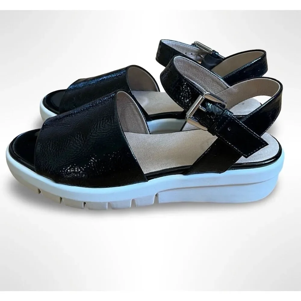 GEOX Wimbley‎ Women's 8 Sandals Black Patent Leather Buckle White Rubber Sole - Picture 4 of 7